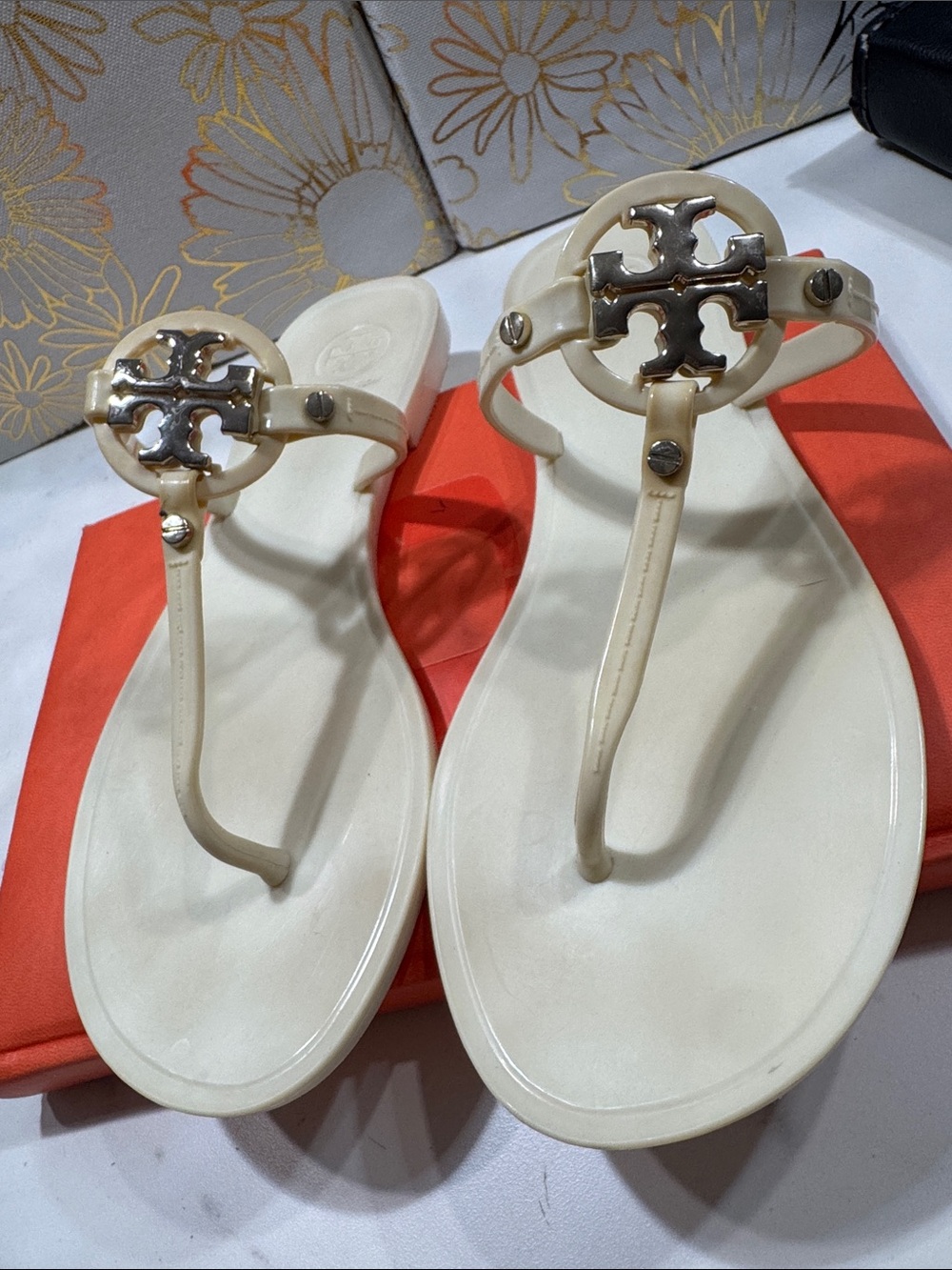 Tory Burch Cream Logo Thong Sandals with Gold Accent